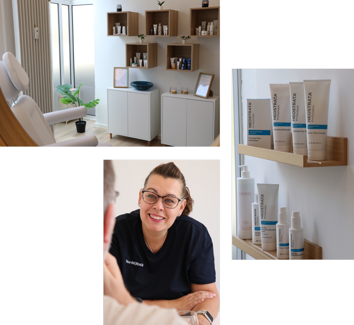 NordiQlinik_Kontakt1 Collage med tre billeder. Øverst indretningen i kosmetisk klinik NordiQlinik i Kolding. Til højre ses hudplejeprodukter og nederst sygeplejerske Pernille Ahle Nytofte-Bæk.